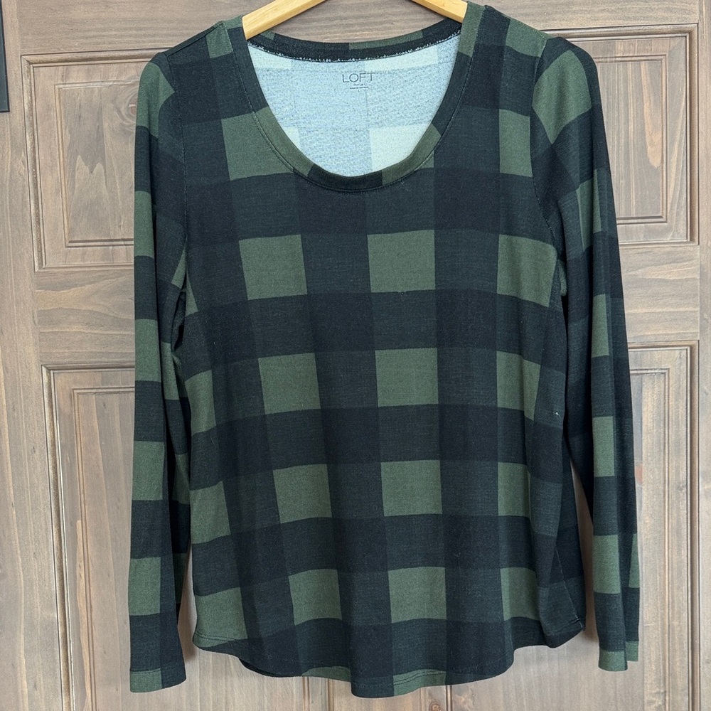 LOFT Black and Green Buffalo Plaid Long Sleeve Top L